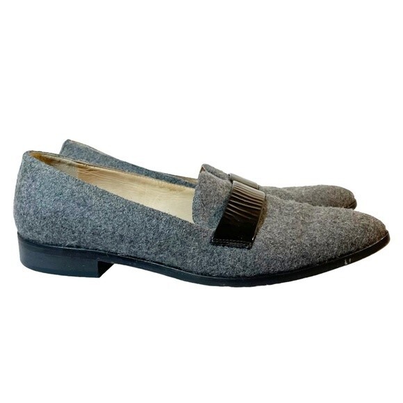 J. Crew Flats Gray Felted Wool Black Patent Leather Loafers Womens Size 8 Preppy - Picture 6 of 14